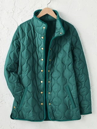 Veste Matelassée Décontractée pour Femme Col Montant Manches Longues Manteau Matelassé Avec Boutons-Pression Métalliques Vêtements d'Extérieur Automne Hiver Vert