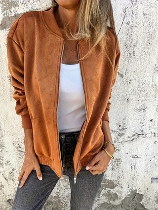 Chaqueta Bomber de Antelina para Mujer Cremallera Frontal Manga Larga Ropa de Abrigo Casual Color Sólido Otoño Invierno Abrigo Marrón Caramelo