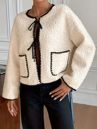 Women Elegant Granular Fleece Jacket Contrast Blanket Stitch Bow Tie Front Short Coat Warm Sherpa Outerwear