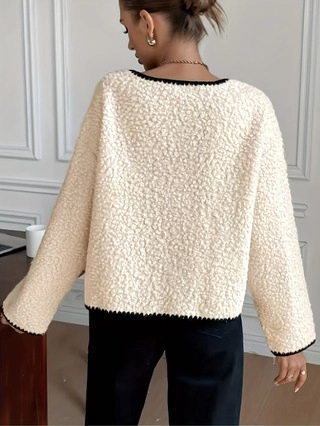 Women Elegant Granular Fleece Jacket Contrast Blanket Stitch Bow Tie Front Short Coat Warm Sherpa Outerwear