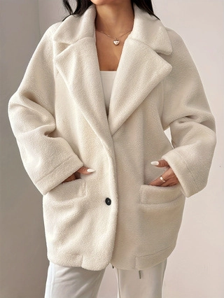 Damen Casual Sherpa Teddy Fleece Mantel Mittellang Revers Knopfleiste Locker Warm Oberbekleidung Jacke Mit Taschen Einfarbig