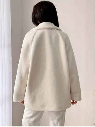Damen Casual Sherpa Teddy Fleece Mantel Mittellang Revers Knopfleiste Locker Warm Oberbekleidung Jacke Mit Taschen Einfarbig