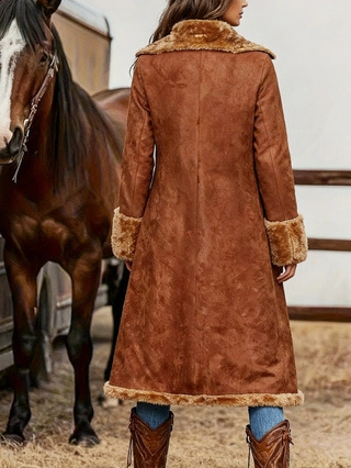 Damen Vintage Wildleder Mittellanger Trenchcoat Mit Kunstpelzbesatz Revers Offene Front Winter Warm Winddicht Western Jacke