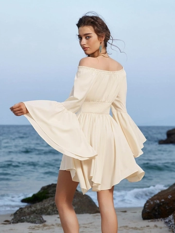Vestido Corto de Satén con Hombros Descubiertos para Mujer Mangas Acampanadas Cintura Fruncida Dobladillo Irregular Bohemio