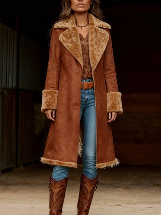 Damen Vintage Wildleder Mittellanger Trenchcoat Mit Kunstpelzbesatz Revers Offene Front Winter Warm Winddicht Western Jacke