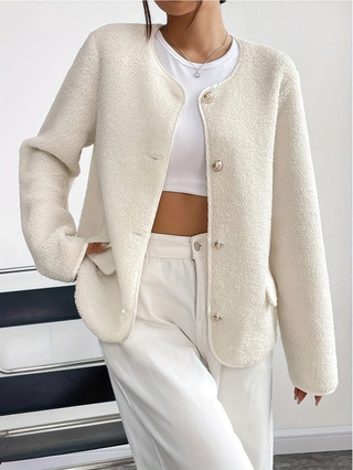 Damen Eleganter Lammwolle Fleece Jacke Rundhals Einreihig Knopf Langarm Kurzmantel Für Herbst Winter