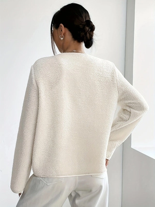 Damen Eleganter Lammwolle Fleece Jacke Rundhals Einreihig Knopf Langarm Kurzmantel Für Herbst Winter