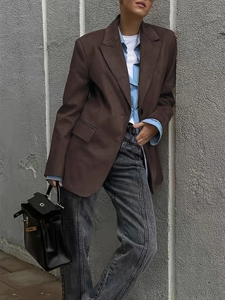 Blazer Décontracté Femme Couleur Unie Col à Revers Simple Boutonnage Veste Ample Rétro Élégant Automne Bureau Haut