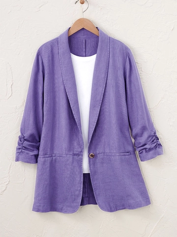 Giacca Blazer Donna Casual in Misto Lino Viola Manica a 3/4 Arricciata Monopetto Vestibilità Larga Lunghezza Media