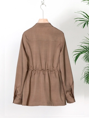Giacca Utility da Donna Casual Tinta Unita Colletto alla Coreana Coulisse in Vita Manica Lunga Tasche Multiple Cappotto