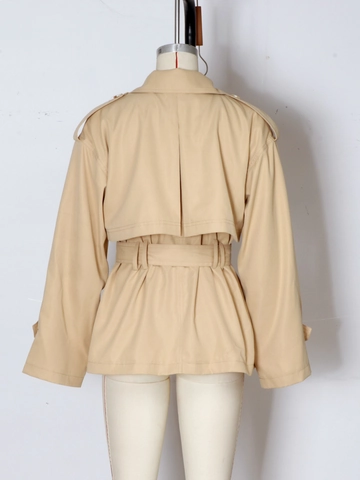 Vrouwen Vintage Casual Double Breasted Korte Trenchcoat Jas Met Verstelbare Riem Lange Mouwen Reverskraag Herfst Bovenkleding