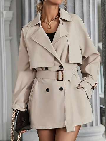 Damen Zweireihig Mittellang Trenchcoat Mit Taillengürtel Britischer Stil Herbst Büro Dame Oberbekleidung Reversmantel