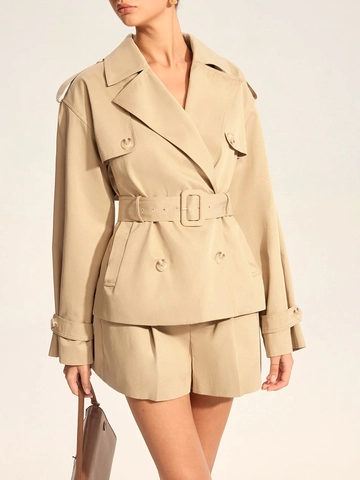 Vrouwen Vintage Casual Double Breasted Korte Trenchcoat Jas Met Verstelbare Riem Lange Mouwen Reverskraag Herfst Bovenkleding