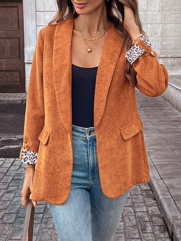 Women Vintage Corduroy Blazer Jacket Elegant Patchwork Leopard Print Lining Long Sleeve Outwear Caramel Suit Coat