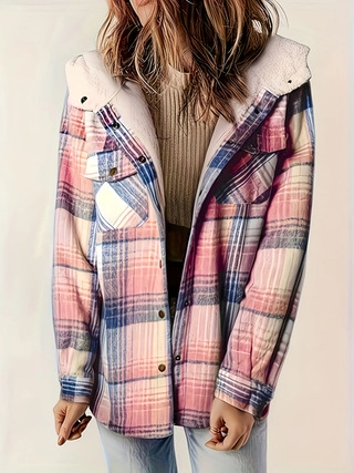 Women Plaid Hooded Shacket Fleece Lined Button Down Jacket Casual Long Sleeve Flannel Shirt Outerwear Coat