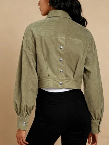 Vintage Damen Cord Kurzjacke Langarm Umlegekragen Einreihig Crop Top Mantel Armeegrün Retro Lässig Oberbekleidung