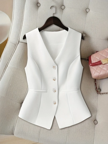 Damen Vintage V-Ausschnitt Weste Knopfleiste Slim Fit Strukturierte Kurze Weste Elegantes Einfarbiges Ärmelloses Blazer Top