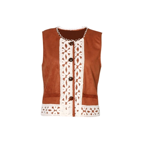 Vintage Women Faux Suede Vest Contrast White Lace Trim Bohemian Sleeveless Jacket Retro Open Front Brown Waistcoat Top For Women