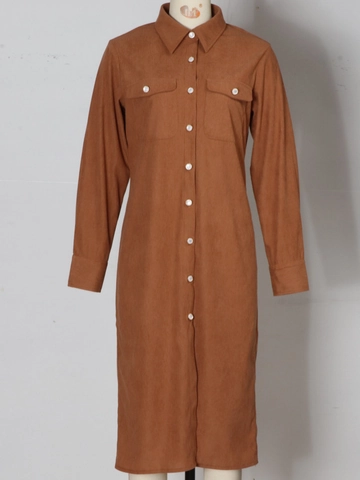 Dames Casual Corduroy Lange Mouw Overhemdjurk Met Zakken Halflang Button Down Reverskraag Effen Kleur Mode Jurk