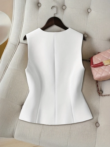 Damen Vintage V-Ausschnitt Weste Knopfleiste Slim Fit Strukturierte Kurze Weste Elegantes Einfarbiges Ärmelloses Blazer Top