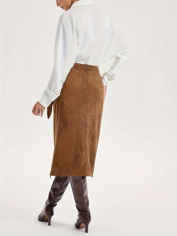 Falda Envolvente Elegante de Antelina para Mujer Cintura Alta Falda Midi con Abertura y Lazo Lateral Color Sólido Otoño