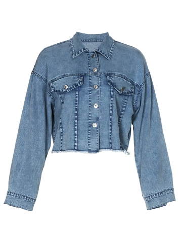 Damen Mode Kurz Jeansjacke Gewaschen Blau Langarm Ausgefranster Saum Casual Knopfleiste Denim Jacke Mantel Outerwear