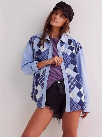 Französischer Stil Damen Patchwork Karo Langarm Hemd Vintage Geometrische Raute Muster Revers Bluse Casual Top