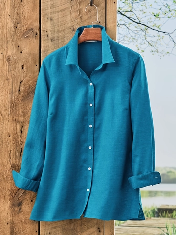 Dames Casual Katoen-Linnen Blouse Met Lange Mouwen Ruime Pasvorm Effen Kleur Revers Shirt Met Zijsplit
