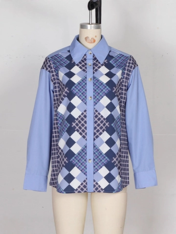 Französischer Stil Damen Patchwork Karo Langarm Hemd Vintage Geometrische Raute Muster Revers Bluse Casual Top