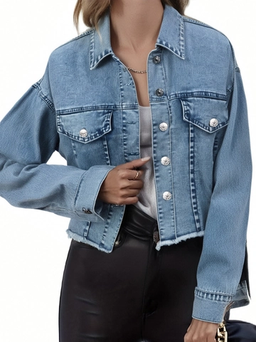 Damen Mode Kurz Jeansjacke Gewaschen Blau Langarm Ausgefranster Saum Casual Knopfleiste Denim Jacke Mantel Outerwear