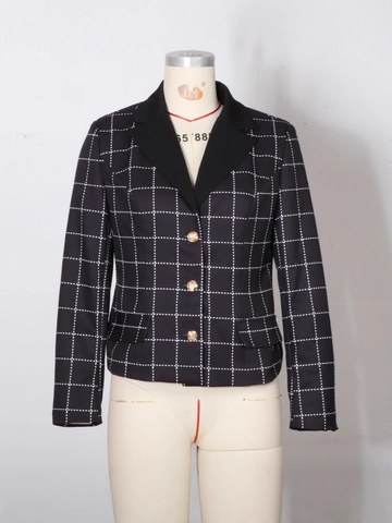 Blazer da Donna Slim Fit a Quadri con Revers a Contrasto Giacca a Maniche Lunghe con Bottoni Dorati Cappotto Elegante da Ufficio