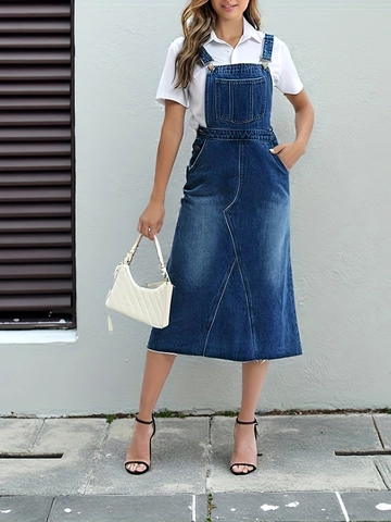 Γυναικεία Casual Denim Φούστα με Τιράντες Midi Μήκος Με Ρυθμιζόμενες Τιράντες Τσέπες Γραμμή Α Κουμπιά Ακατέργαστο Στριφώμα
