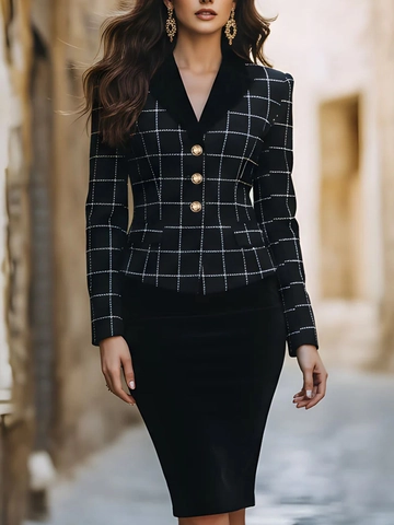 Blazer da Donna Slim Fit a Quadri con Revers a Contrasto Giacca a Maniche Lunghe con Bottoni Dorati Cappotto Elegante da Ufficio