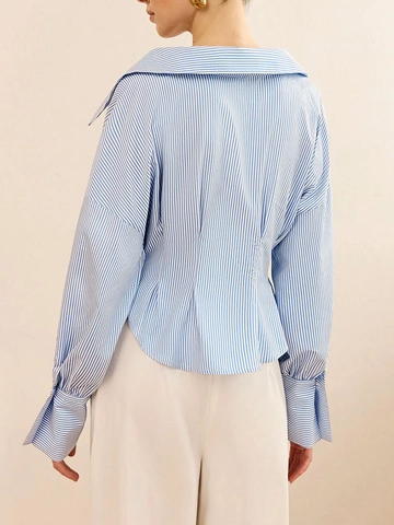 Camisa de Rayas para Mujer Manga Larga Solapa Grande Cintura Fruncida Top con Botones Sexy Corte Entallado Blusa Azul Blanco