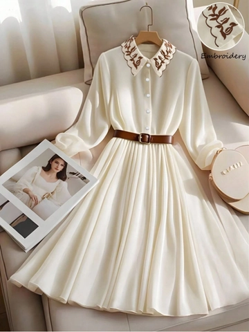 Elegantes Besticktes Revers Langarm Plissee Maxikleid Mit Gürtel Vintage Hohe Taille Gestricktes A-Linien-Kleid Für Damen