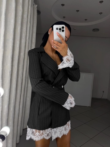 Dames Sexy Gestreepte Pakjurk Kant Splicing Lange Mouw Double Breasted Blazer Jurk Elegante Mini Jurk Voor Streetwear Feest