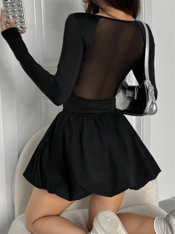 Women Sexy Black Square Neck Long Sleeve Mini Dress Mesh Splicing Puffy Bubble Skirt Elegant Chic Party Dress