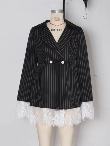 Dames Sexy Gestreepte Pakjurk Kant Splicing Lange Mouw Double Breasted Blazer Jurk Elegante Mini Jurk Voor Streetwear Feest
