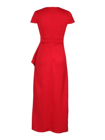Elegant Solid Red V-Neck Ruched Evening Dress For Women Knitted High Waist High Slit Formal Maxi Party Gown