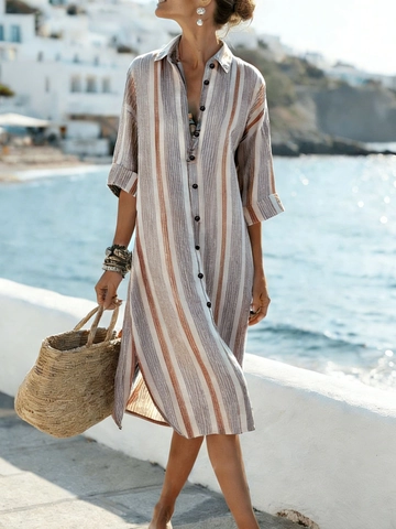 Abito Lungo a Righe Casuale da Donna Manica Lunga Camicia Vestito Con Bottoni e Spacco Laterale Vestibilità Comoda Vacanza Primavera Estate