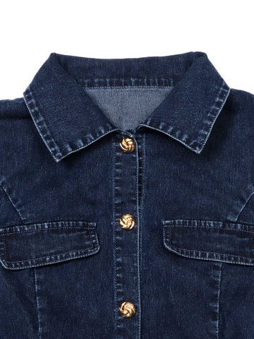 Abito Mini in Denim Blu Profondo Vintage da Donna Manica Corta Bottoni Dorati Risvolto Tasche a Patta Lavato Slim Fit Camicia