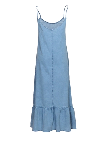 Women Casual Denim Camisole Dress Sexy Deep V Neck Ruffle Hem Loose Flowy Sleeveless Summer Vacation Elegant Blue Maxi Dress