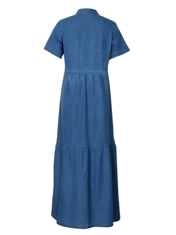 Damen Casual Kurzarm Denim Maxi Kleid Hemdkragen Einreihig Gestufter Saum Gewaschen Blau Lang Tasche Sonnenkleid