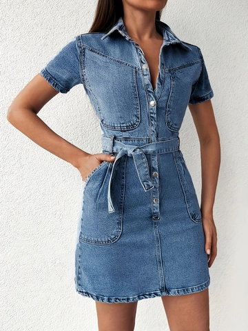 Women Casual Short Sleeve Denim Shirt Dress Lapel Button Down Pocket Mini Dress With Waist Tie Blue Summer Fashion Apparel