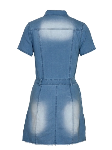 Damen Slim Fit Denim Kurzarm Kleid Mode Distressed Ausgefranster Saum Revers Knopfleiste Tasche Waschen Blau Denim Mini Kleid
