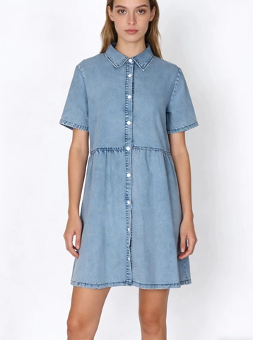 Robe Chemisier en Jean Décontractée pour Femmes Manches Courtes Bleu Lavé Revers Boutonné Ample à Étages