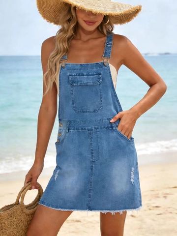 Damen Casual Gewaschenes Denim Latzkleid Verstellbare Träger Pinafore Minirock Mit Taschen Distressed Ausgefranster Saum Sommer Blau