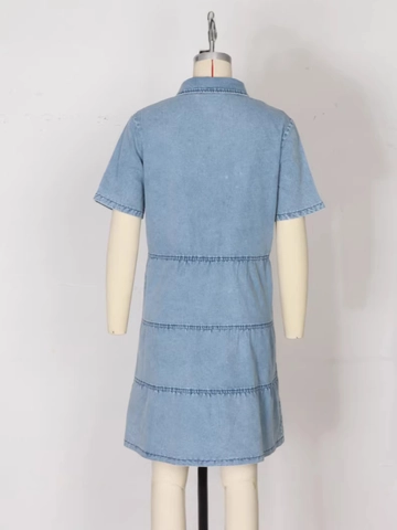 Robe Chemisier en Jean Décontractée pour Femmes Manches Courtes Bleu Lavé Revers Boutonné Ample à Étages