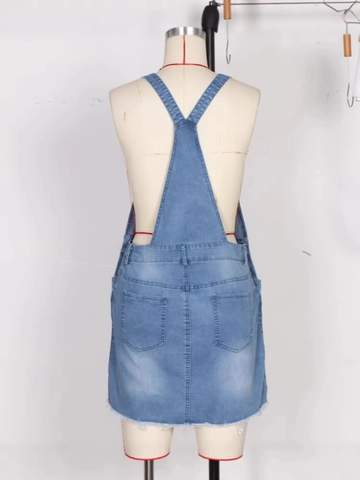 Damen Casual Gewaschenes Denim Latzkleid Verstellbare Träger Pinafore Minirock Mit Taschen Distressed Ausgefranster Saum Sommer Blau