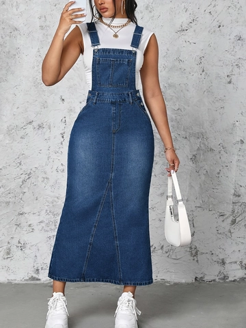 Damen Retro Jeans-Latzkleid Casual Locker Midi-Latzkleid Mit Taschen Ausgewaschenes Denim-Kleid Für Den Alltag